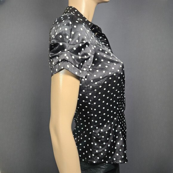 Y2K Fitted Satin Blouse Black Polka Dot Button Up Shirt Size S Short Sleeve - Picture 8 of 10